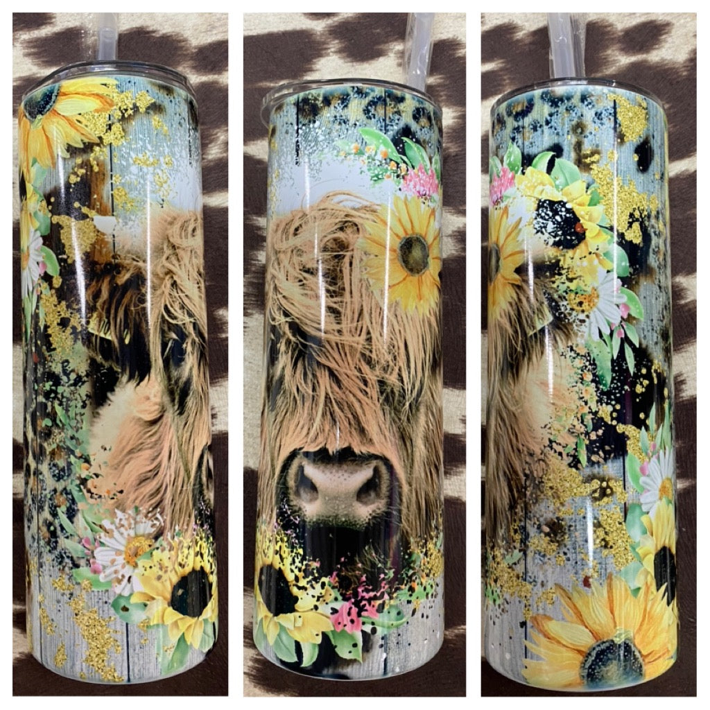 Highland Cow and Sunflowers 20oz Stainless Steel Tumbler with