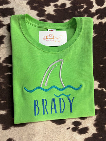 Shark Boy Name embroidered monogrammed shirt youth custom personalized summer beach spring break lake t-shirt