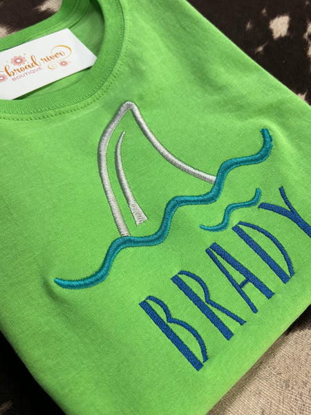 Shark Boy Name embroidered monogrammed shirt youth custom personalized summer beach spring break lake t-shirt