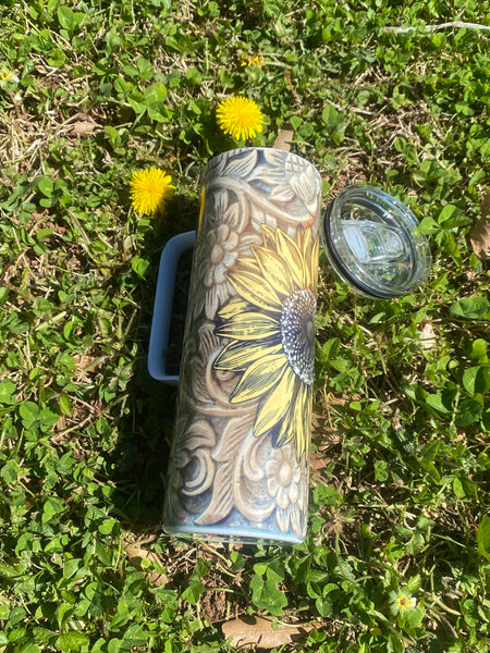 Tooled Leather Sunflower Tumbler with Handle